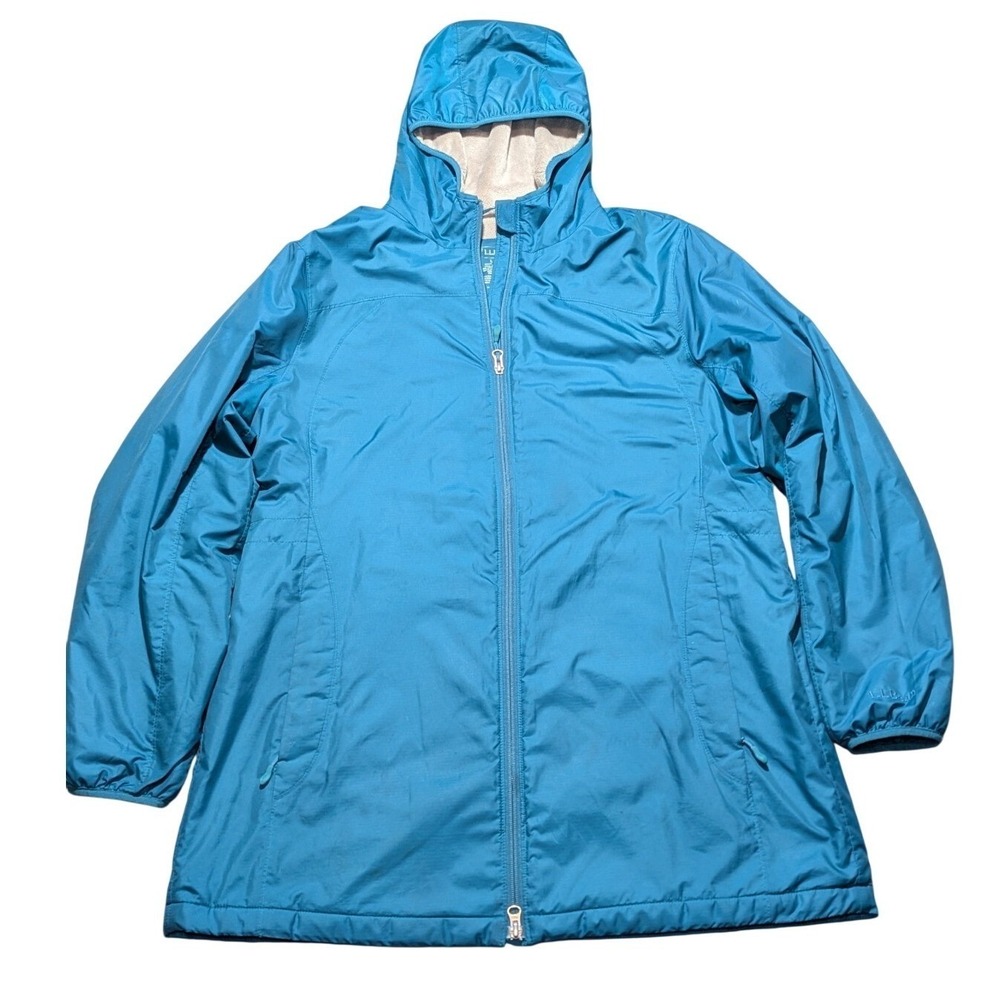 LL Bean Womens Large Fleece Lined Hooded Jacket Teal Zip Up Coat Insulated Parka
